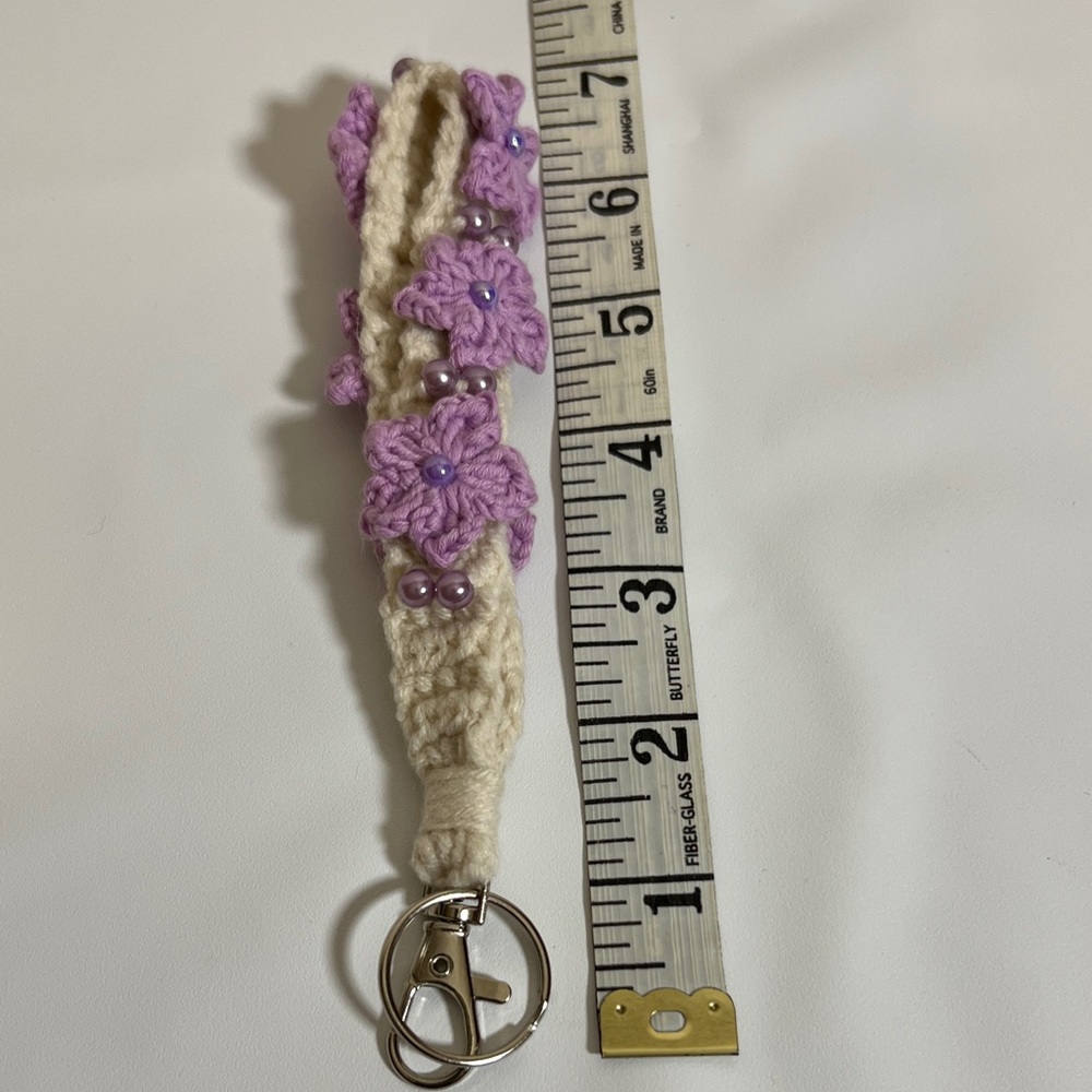 Chic Cream and Purple Floral Crochet Key Holder